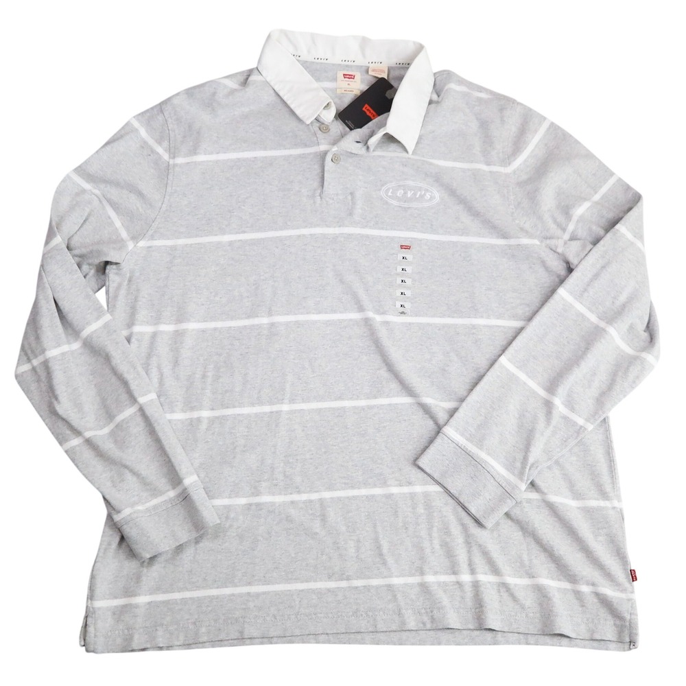 Levi's Rugby Shirt Men XL Gray White Striped Long Sleeve Relaxed Fit Cotton NWT